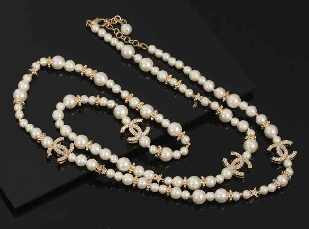 Chanel CC Logo Rhinestone Pearl Long Necklace